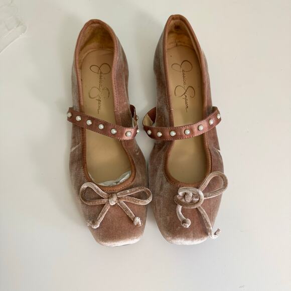 Jessica Simpson Lomanna Velvet Ballet Flat Shoes 9 Pink Bow Slip On Square Toe - Picture 10 of 15